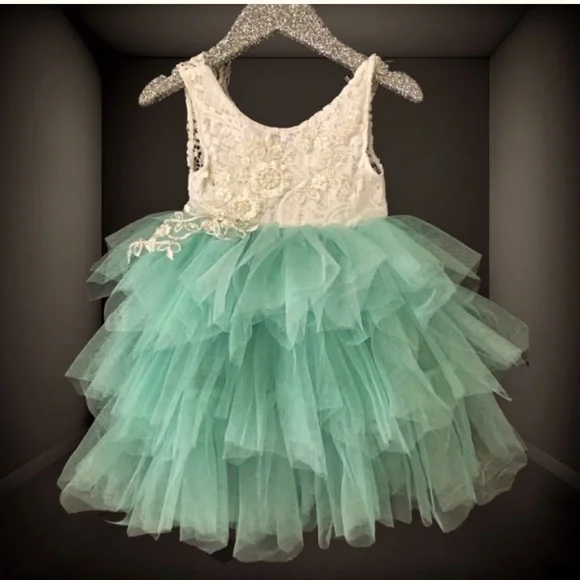 Little Love Boutique | Dresses | Mint Green White Layered Tulle Dress  Pearls Flowers Lace Back Toddler Girls 3t | Poshmark